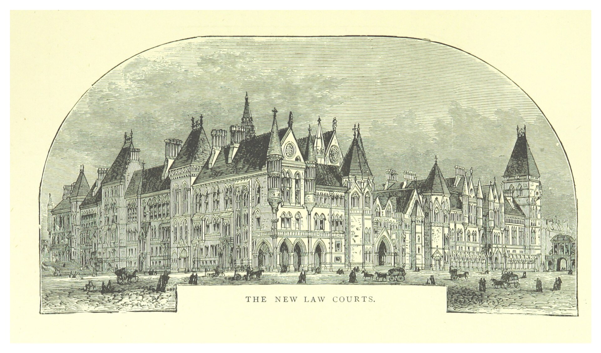Drawing of the projected Royal Courts of Justice while the site was still under construction. Note the Temple Bar Gate is depicted, which was removed in 1878 and replaced with the Temple Bar Memorial in 1880, both before the court's completion in 1882.