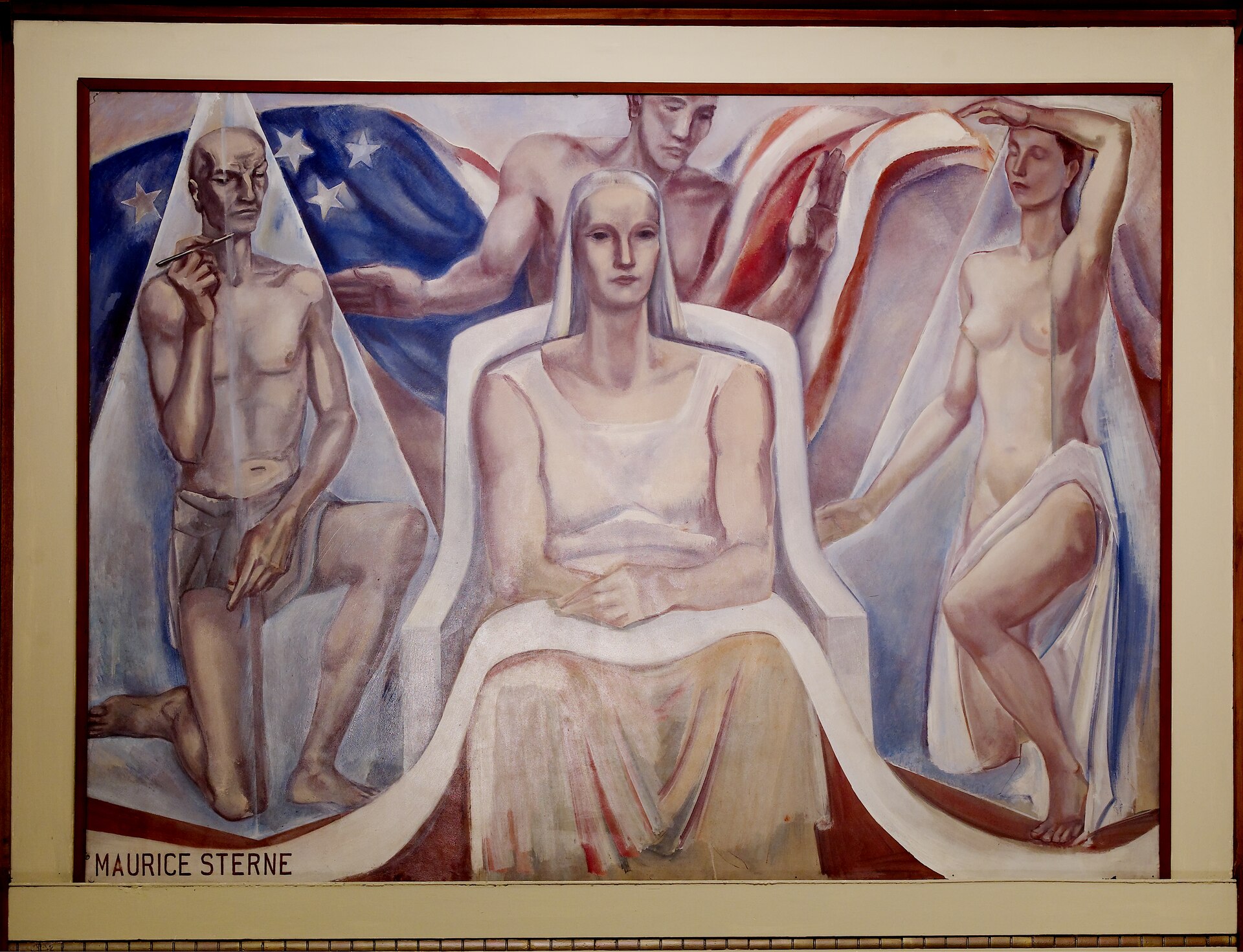 Title: Oil painting "Continuity of the Law" located in fifth floor, main library, Department of Justice, Washington, D.C Physical description: 1 photograph : digital, TIFF file, color. Notes: Gift; Carol M. Highsmith; 2009; (DLC/PP-2009:083).; Photographed as part of an assignment for the General Services Administration.; Artist: Maurice Sterne, 1941. Dimensions: 6' x 8'.; Title information, date, and subject note provided by the photographer.; Credit line: Photographs in the Carol M. Highsmith Archive, Library of Congress, Prints and Photographs Division.; Forms part of the Carol M. Highsmith Archive.